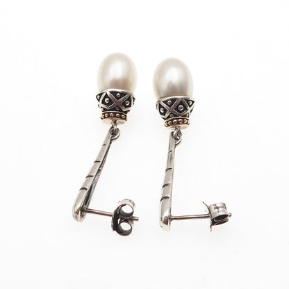 925 Sterling Silver 14K Gold Vintage ATR Real Pearl Modernist Dangle Earrings