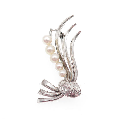 925 Sterling Silver Antique Art Deco Real Pearl Floral Pin Brooch