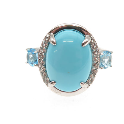 925 Sterling Silver Real Tyrone Turquoise Blue & White Topaz Ring Size 8