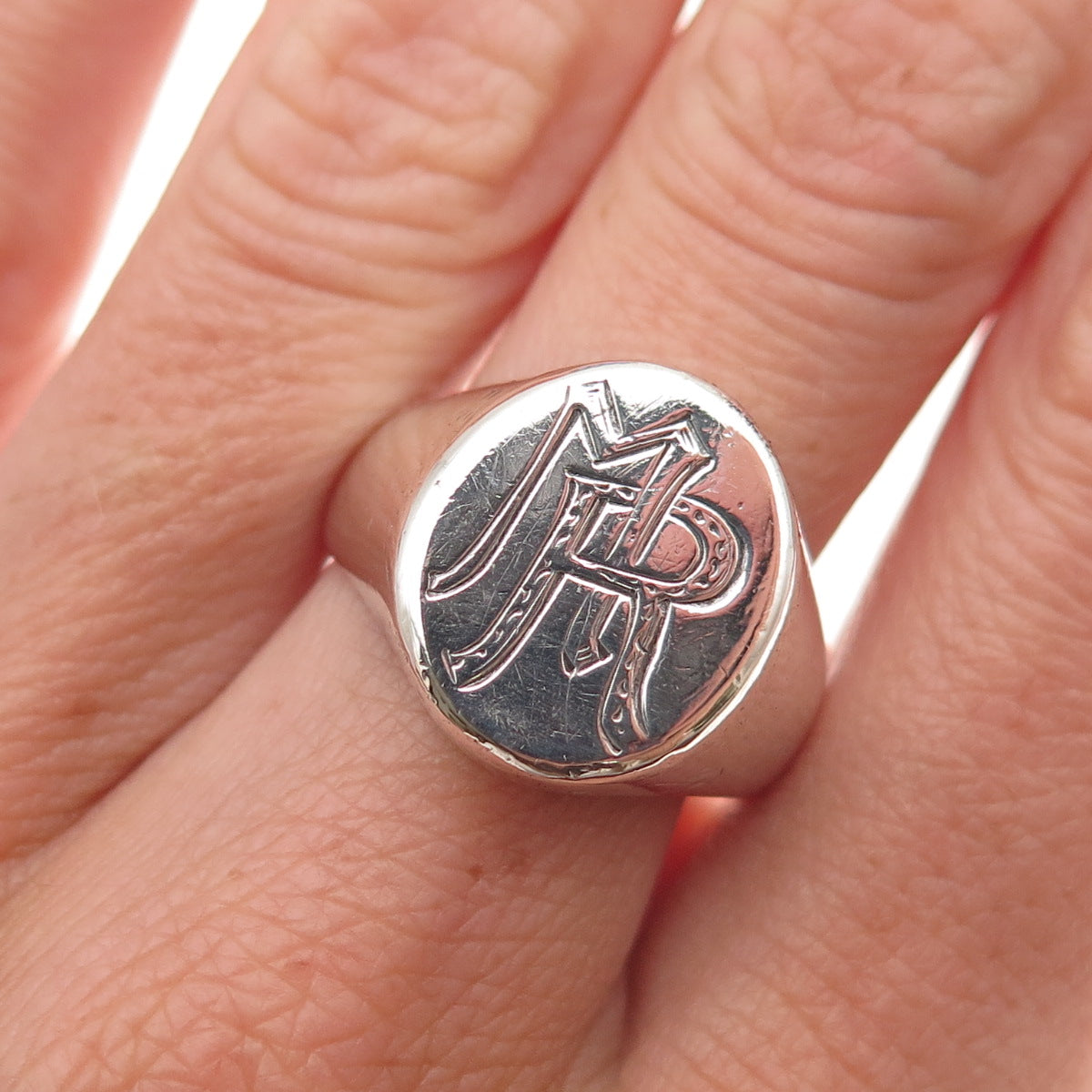800 Silver Antique Art Deco Engraved MR Monogram Signet Ring Size 8.5