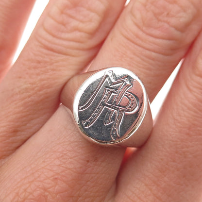 800 Silver Antique Art Deco Engraved MR Monogram Signet Ring Size 8.5