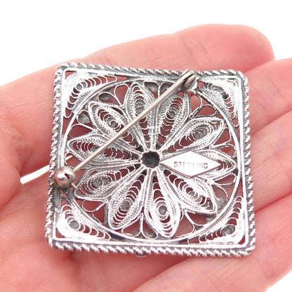 925 Sterling Silver Vintage Cannetille Filigree Oxidized Pin Brooch