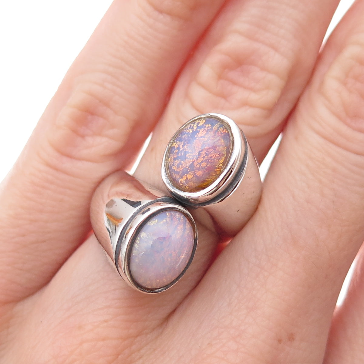 925 Sterling Silver Vintage Dragon Breath Opal Adjustable Bypass Ring Size 6