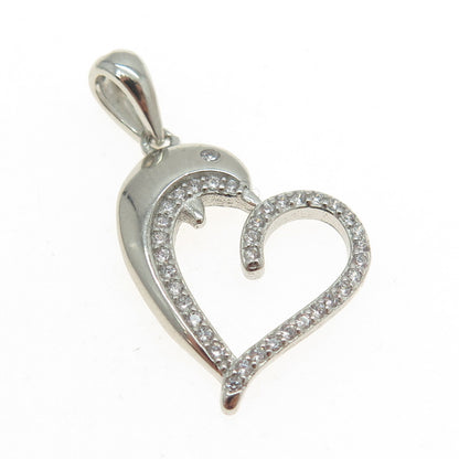 925 Sterling Silver Round-Cut C Z Dolphin Heart Pendant