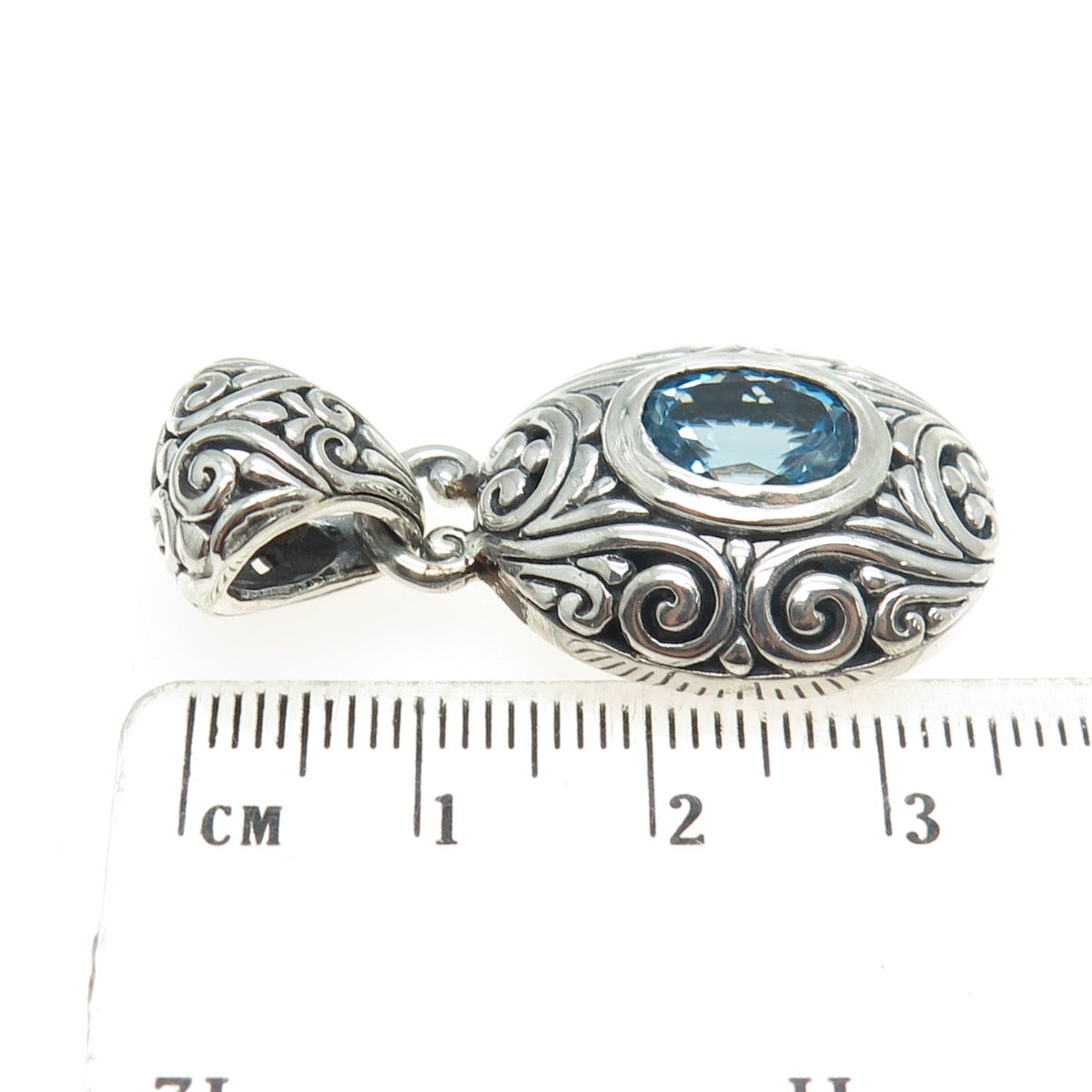 925 Sterling Silver Vintage Real Blue Topaz Gemstone Ornate Pendant