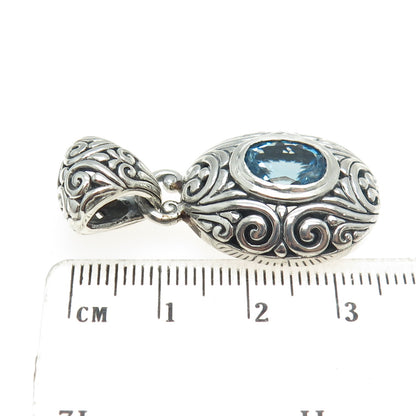 925 Sterling Silver Vintage Real Blue Topaz Gemstone Ornate Pendant