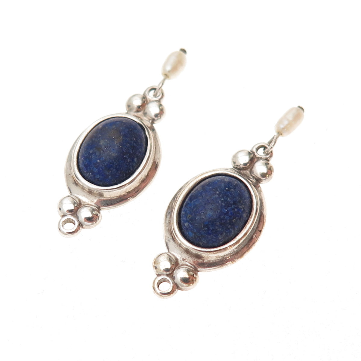 Coleman Co. 925 Sterling Silver Vintage Real Lapis Inlay & Pearl Jacket Earrings