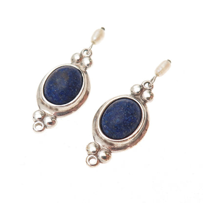 Coleman Co. 925 Sterling Silver Vintage Real Lapis Inlay & Pearl Jacket Earrings