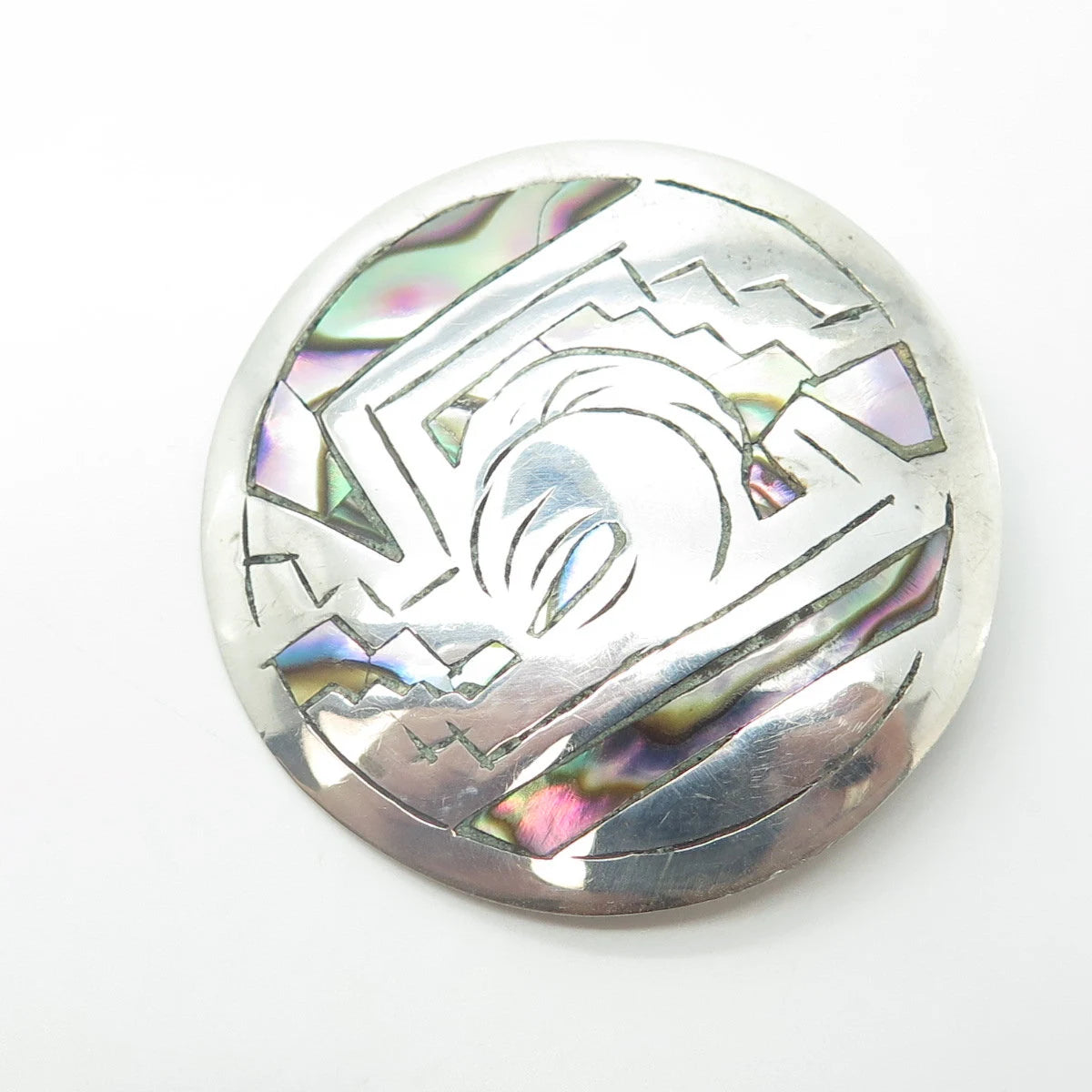 925 Sterling Silver Vintage Mexico Abalone Shell Modernist Pendant / Pin Brooch