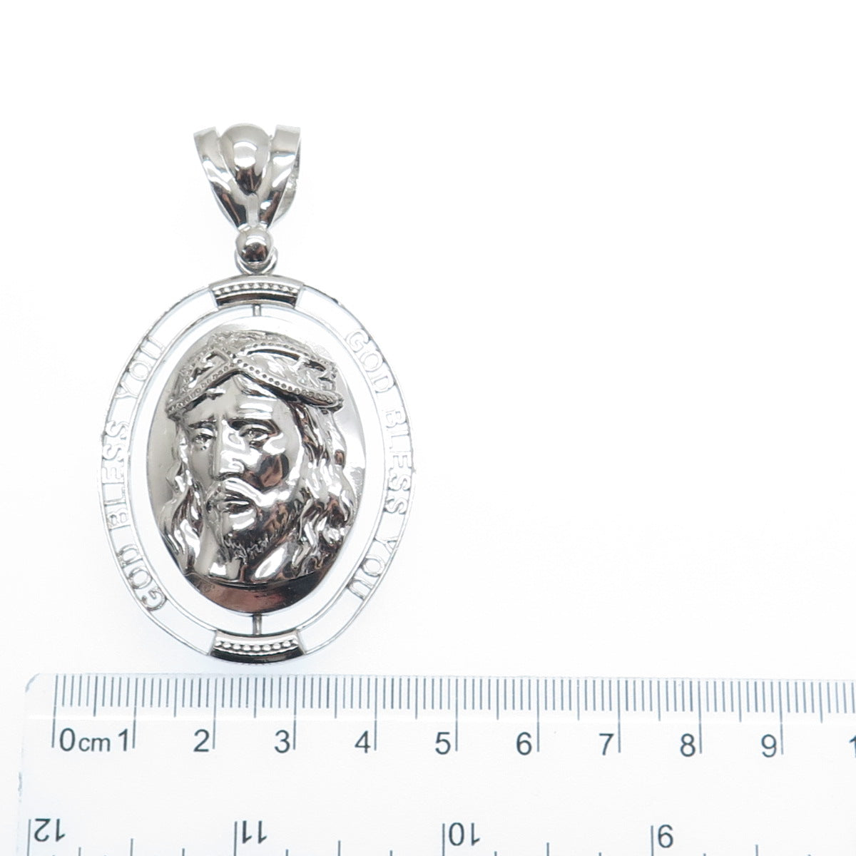 925 Sterling Silver St. Mary & Jesus God Bless You Double Sided Pendant