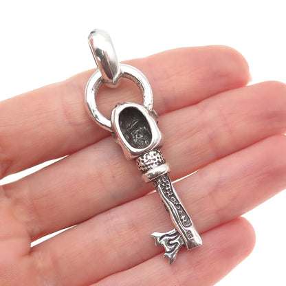 925 Sterling Silver Vintage Flaming Skeleton Key Oxidized Pendant