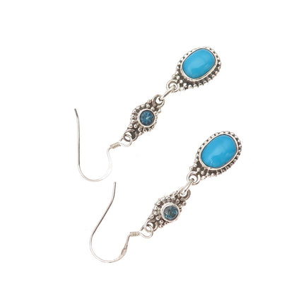 925 Sterling Silver Vintage Real Turquoise & London Blue Topaz Dangle Earrings