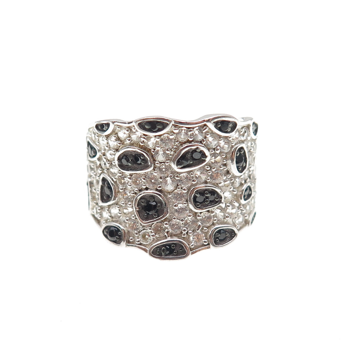 925 Sterling Silver Real Round-Cut Black Spinel & White Topaz Ring Size 7.25