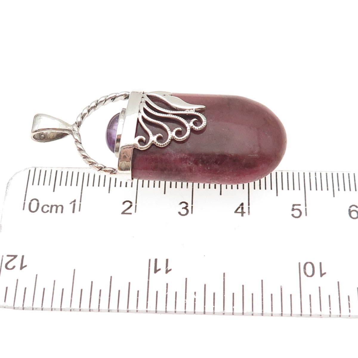 925 Sterling Silver Vintage Real Rhodonite & Amethyst Floral Charm Pendant