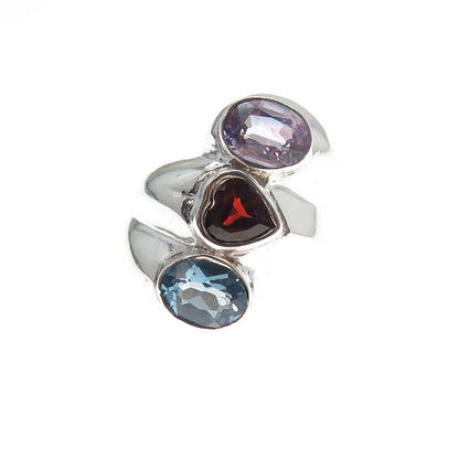 925 Sterling Vintage Real Blue Topaz Red Garnet & Amethyst Heart Ring Size 8