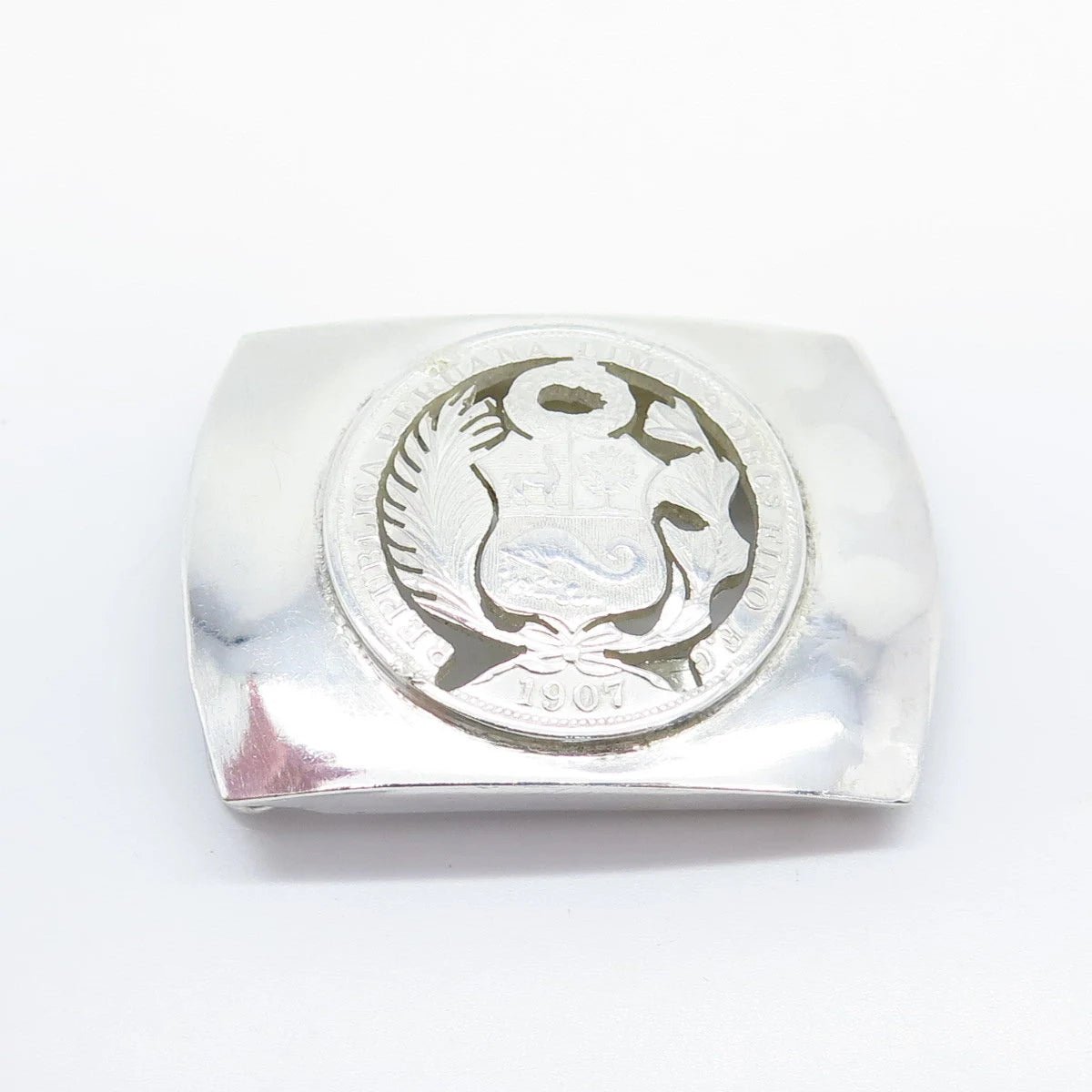 925 Sterling Silver Antique 1907 Peruvian Dinero Coin Belt Buckle