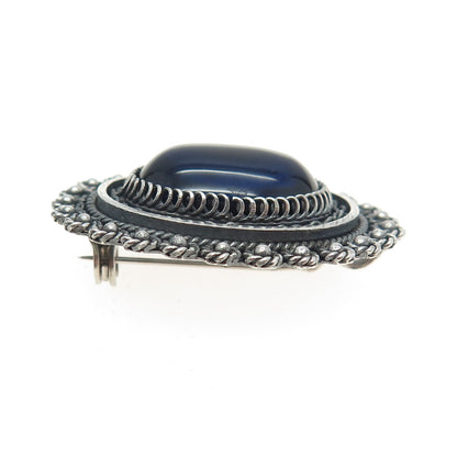 925 Sterling Silver Vintage Israel Dark Blue Glass Ethnic Pin Brooch
