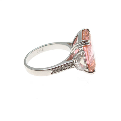 925 Sterling Silver Emerald-Cut Pink & Round-Cut White C Z Ring Size 9