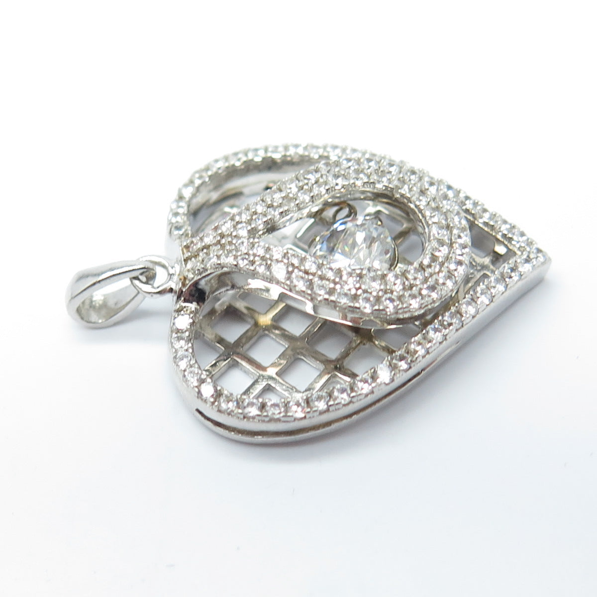 925 Sterling Silver Pave C Z Heart Cage Pendant