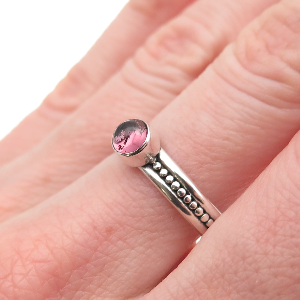925 Sterling Silver Vintage Real Rhodolite Dotted Oxidized Ring Size 8.5