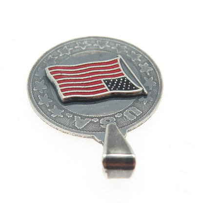 925 Sterling Silver Vintage Enamel USA Flag Oxidized Pendant