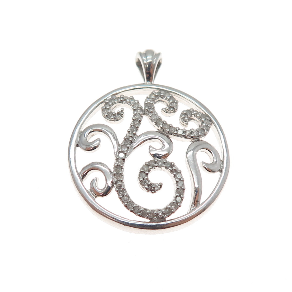HN HENG NGAI 925 Sterling Silver Real Round-Cut Diamond Scroll Charm Pendant