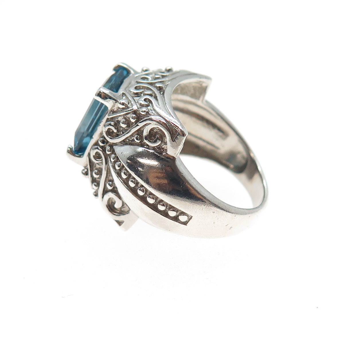 925 Sterling Silver Vintage Real Emerald-Cut Swiss Blue Topaz Ring Size 6.25