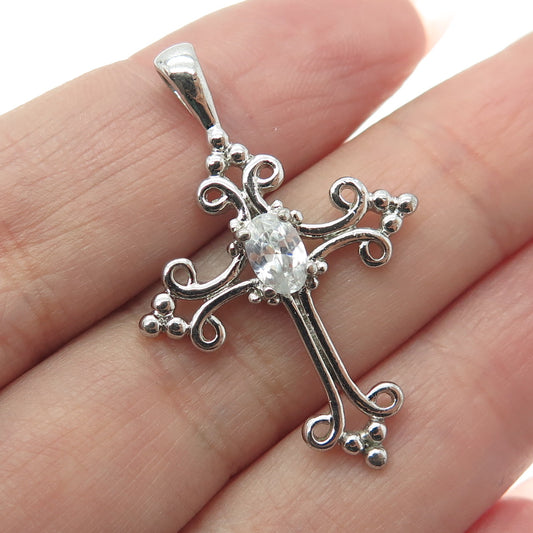 925 Sterling Silver Oval-Cut C Z Ornate Cross Pendant