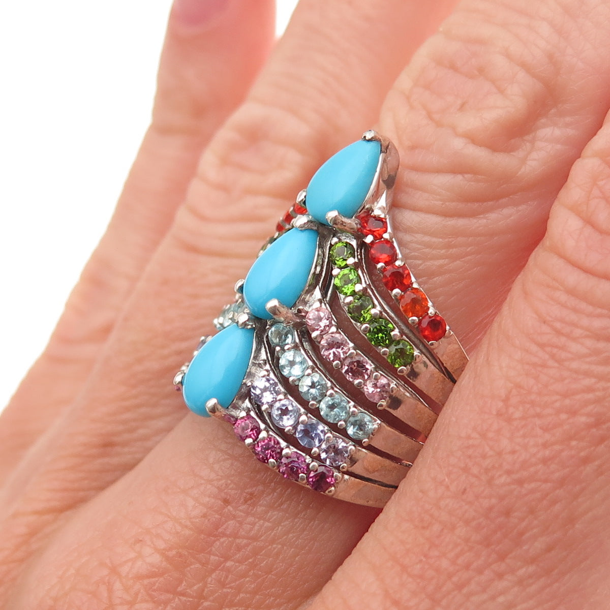 Chuck Clemency 925 Sterling Silver Real Turquoise Multi-Color Gem Ring Size 8.25