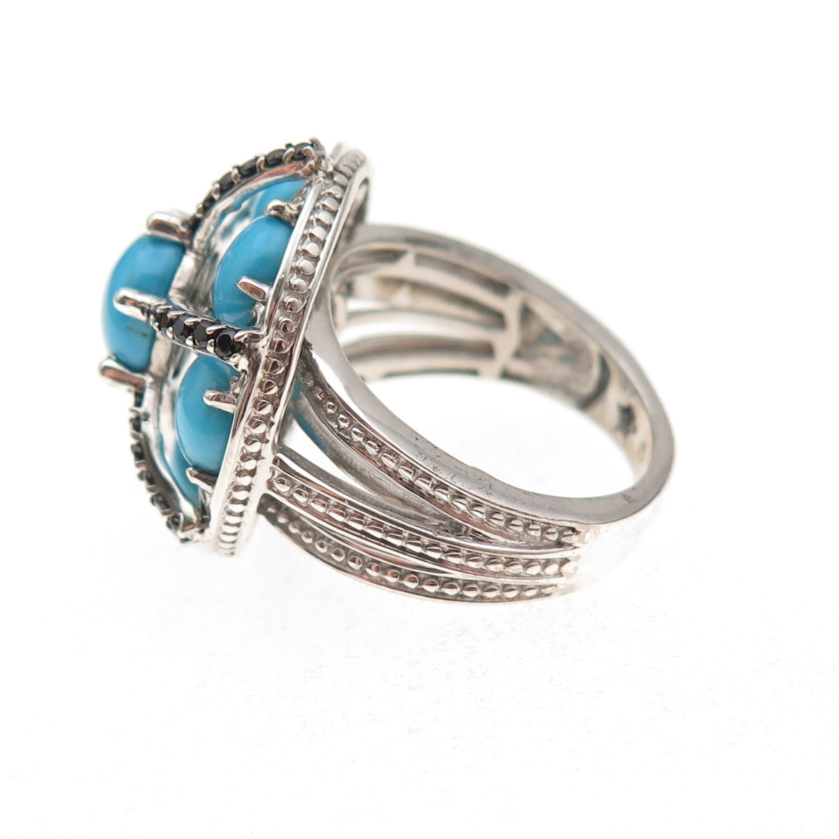 925 Sterling Silver Real Turquoise Black Spinel & Sapphire Ring Size 7