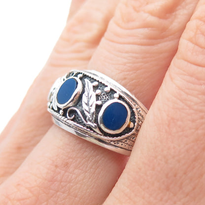 925 Sterling Silver Vintage Real Lapis Lazuli Feather Oxidized Ring Size 9