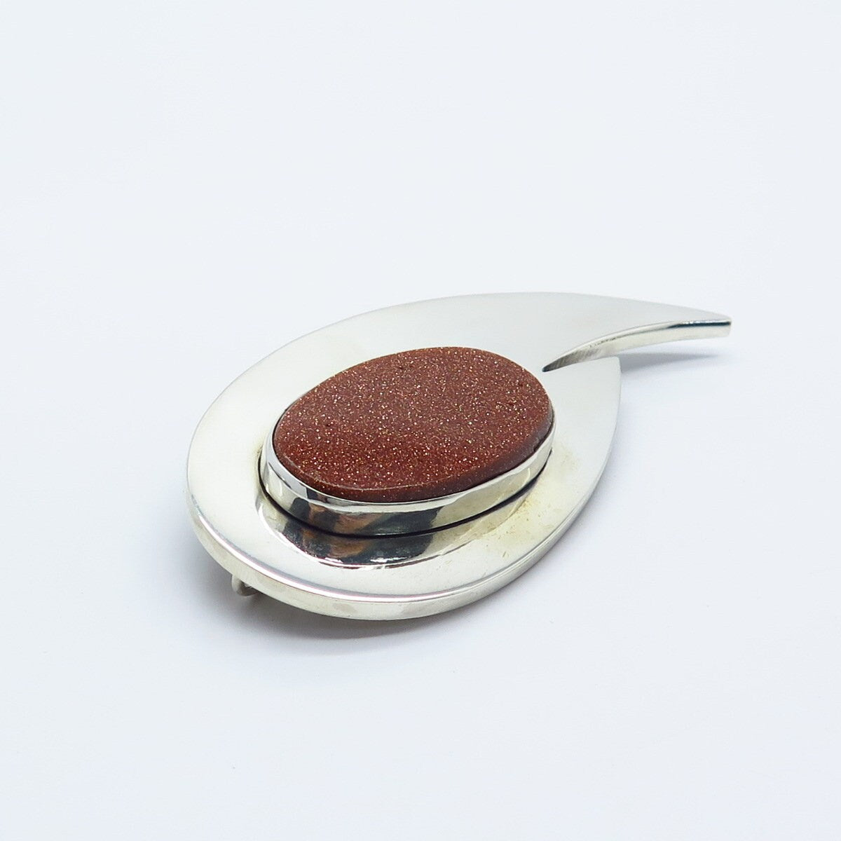 925 Sterling Silver Vintage Israel Real Goldstone Gem Abstract Pin Brooch