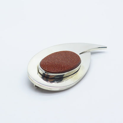 925 Sterling Silver Vintage Israel Real Goldstone Gem Abstract Pin Brooch
