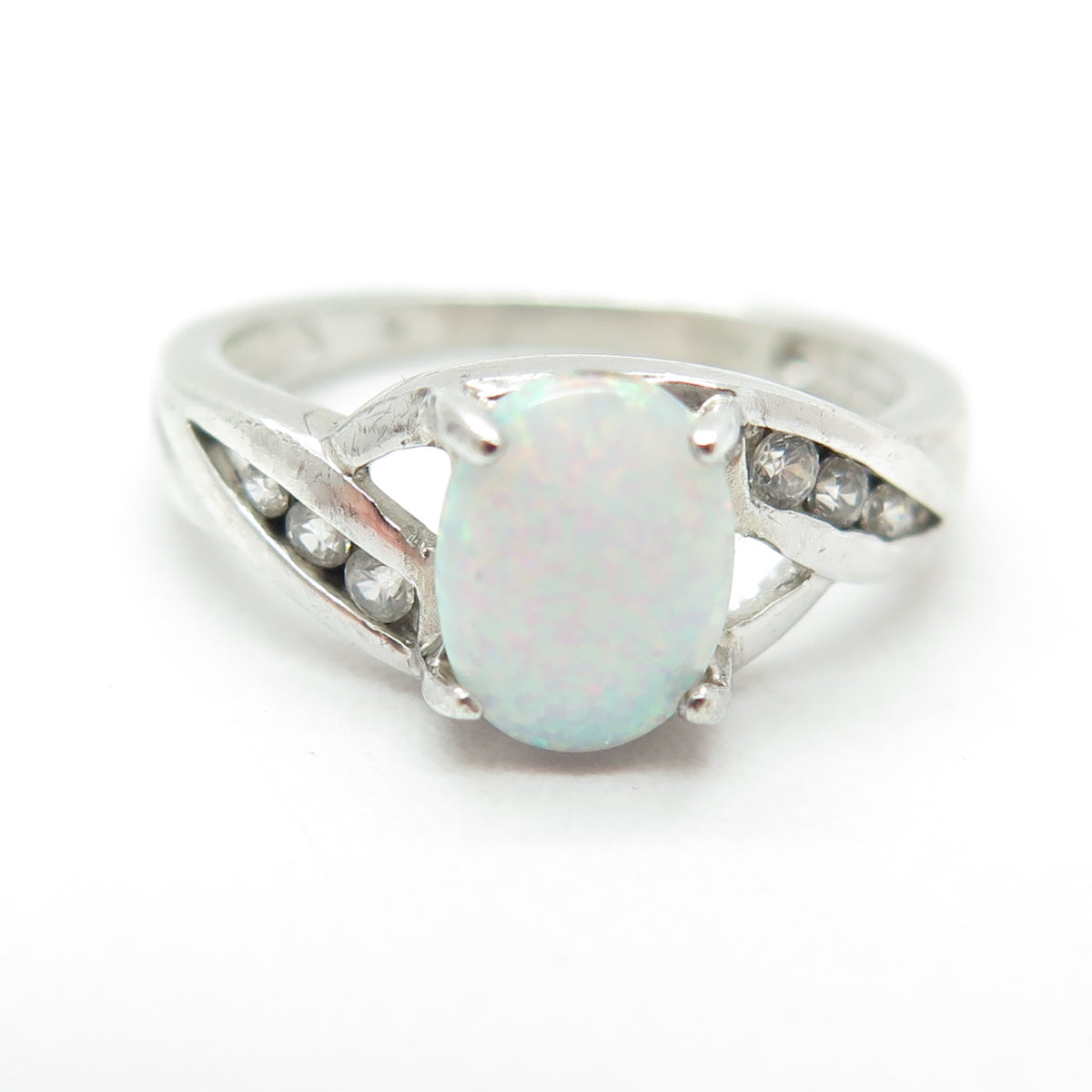 RJ GRAZIANO Sterling Silver Real Oval-Cut Opal & Round-Cut C Z Ring Size 6