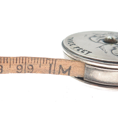 ATTLEBORO 925 Sterling Silver Antique Art Deco Three Feet Measure Tape Case