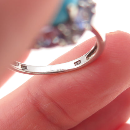 Chuck Clemency 925 Sterling Silver Real Turquoise & Tanzanite Floral Ring Size 8