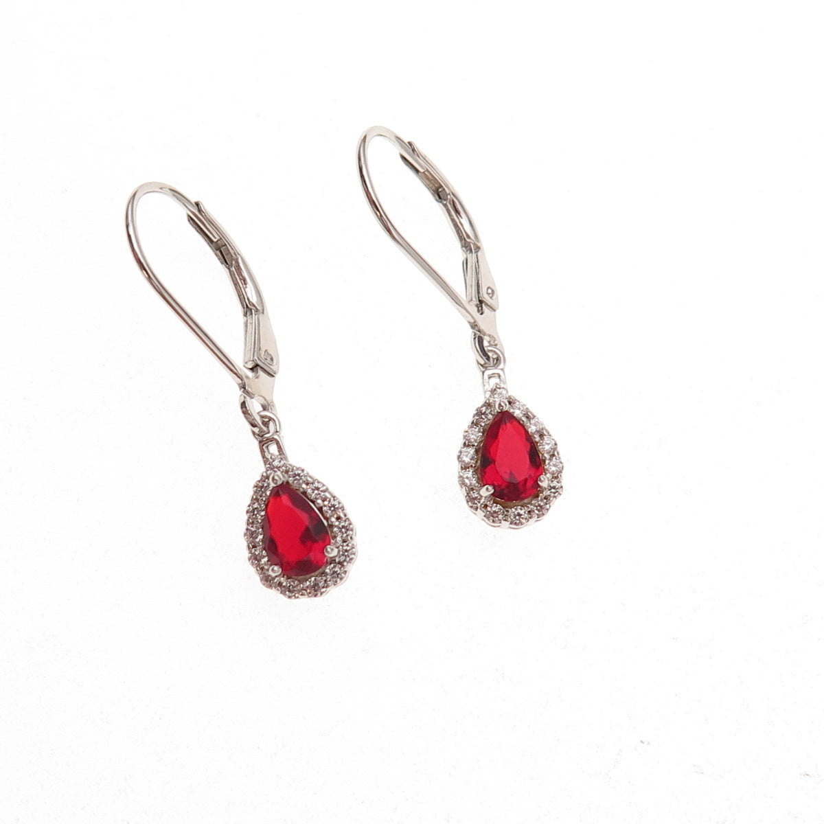 925 Sterling Silver Red & White C Z Teardrop Dangle Earrings
