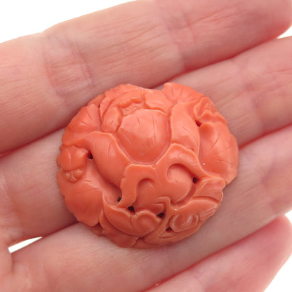 Antique Art Deco Real Peach Coral Carved Floral Cameo