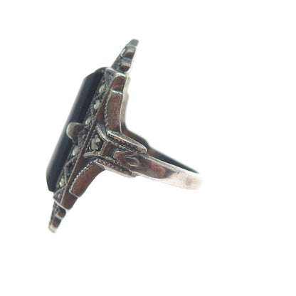 UNCAS Sterling Silver Antique Art Deco Real Black Onyx Marcasite Ring Size 2.75