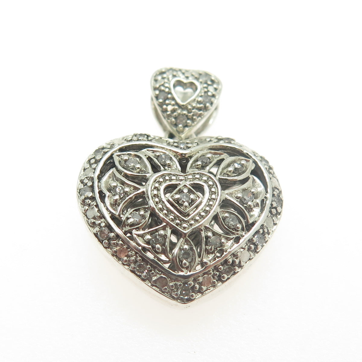 925 Sterling Silver Real Round-Cut Diamond Double Heart Floral Pendant