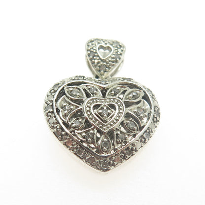 925 Sterling Silver Real Round-Cut Diamond Double Heart Floral Pendant