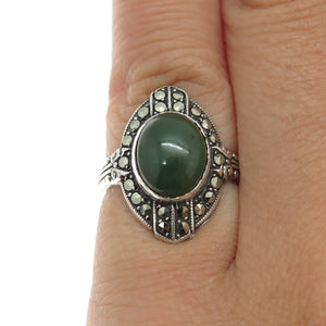 UNCAS 925 Sterling Silver Antique USA Real Jade & Marcasite Gem Ring Size 3.25
