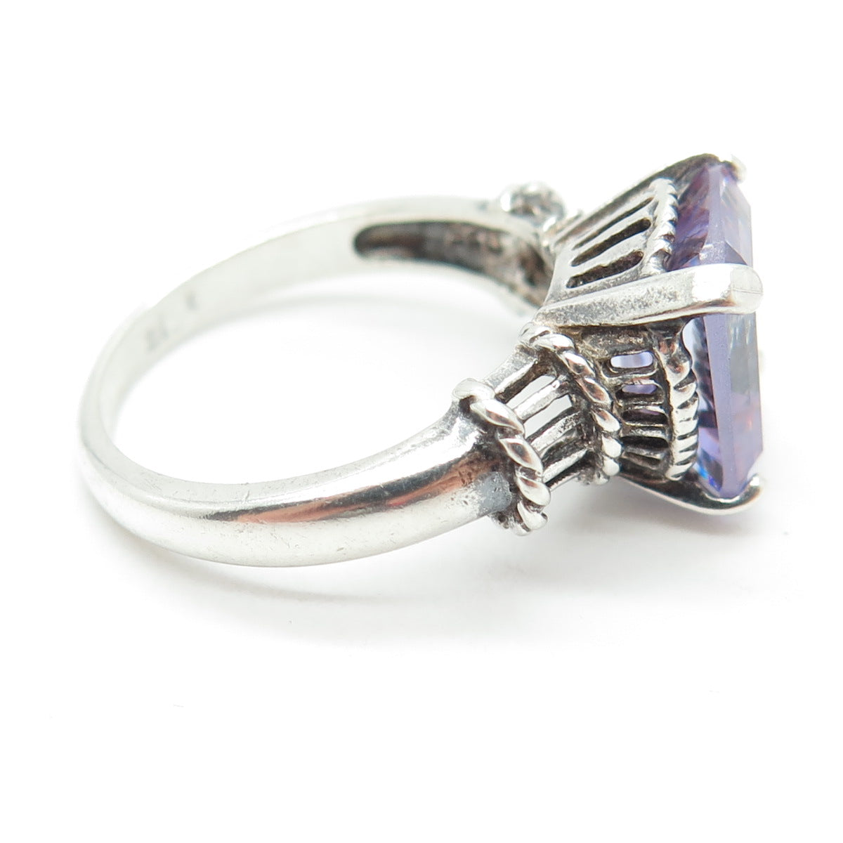 925 Sterling Silver Vintage Emerald-Cut Purple C Z Ring Size 9.75