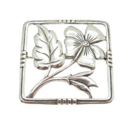 FELCH CO 925 Sterling Silver Vintage Flower Square Frame Pin Brooch