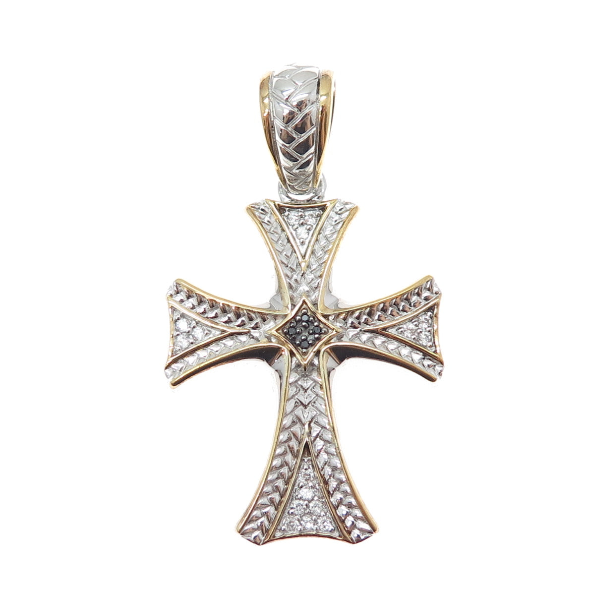 CHAPAL ZENRAY 925 Sterling 2-Tone Real Black Diamond & White Topaz Cross Pendant