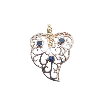 925 Sterling Silver 2-Tone Vintage Real Sapphire Floral Leaf Charm Pendant