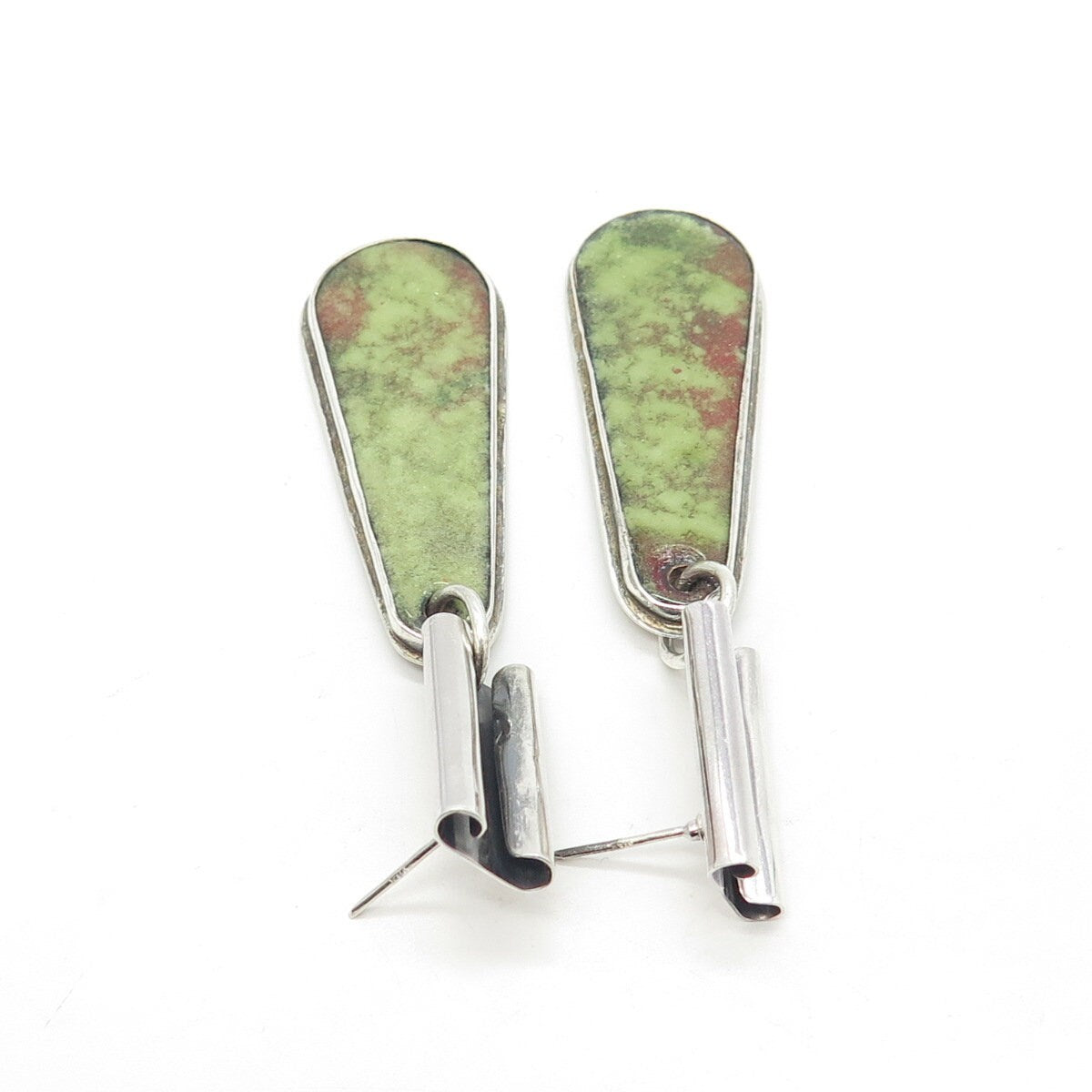 925 Sterling Silver Vintage Modernist Green Ceramic Dangling Earrings