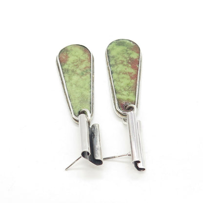 925 Sterling Silver Vintage Modernist Green Ceramic Dangling Earrings