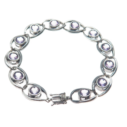 925 Sterling Silver Vintage Real Amethyst Gem Oval Link Oxidized Bracelet 7"