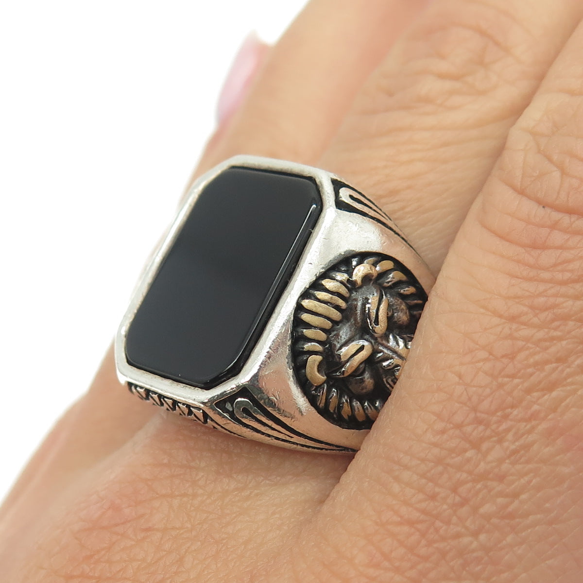 925 Sterling Silver Vintage Real Black Onyx Lion Signet Ring Size 11.25